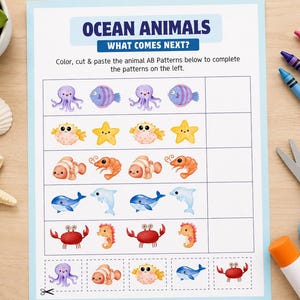 May include: An educational worksheet titled OCEAN ANIMALS WHAT COMES NEXT? featuring rows of watercolor illustrations of sea creatures like octopuses, pufferfish, shrimp, whales, and crabs arranged in AB patterns for children to cut and paste.