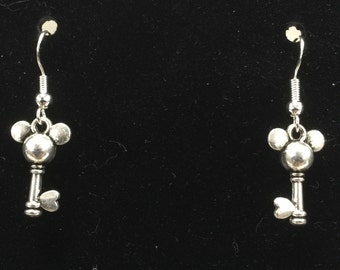 Mickey Mouse Disney Key Earrings on Sterling Silver Earring Hooks or Bracelet