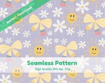 Back to School Seamless Pattern | Cute Pencil & Daisy Digital Paper | Sunshine Classroom PNG | 12x12” 300 DPI Printable I Purple lavender
