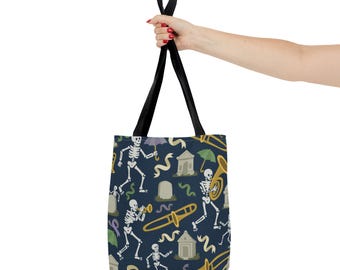 Skeleton Brass Band Tote Bag, New Orleans Graveyard Dancing Skeleton, Halloween Bag, Musician Gift, Jazz Lover Tote, Gothic Tote Bag