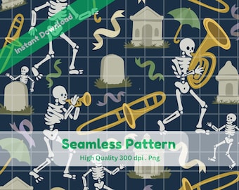 Skeleton Jazz Band Seamless Pattern | New Orleans Second Line Halloween Digital Paper | 12x12” PNG | Spooky Music Printable
