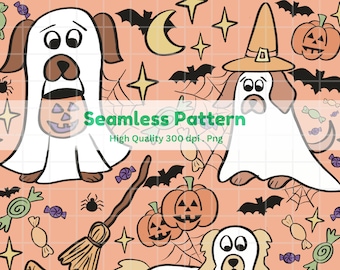 Halloween Dog Seamless Pattern | Cute Ghost & Witch Puppy Digital Paper | 12x12” PNG | Trick-or-Treat Pet Halloween Print