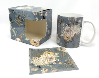 Floral Ceramic 11 oz. Coffee Mug, Gift Box & Coaster