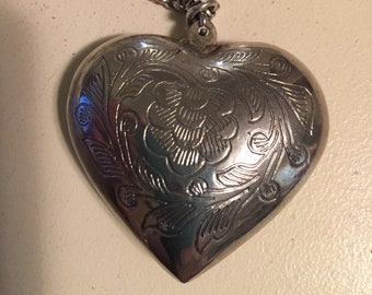 Large Silver Heart Pendant Floral Design with Chain