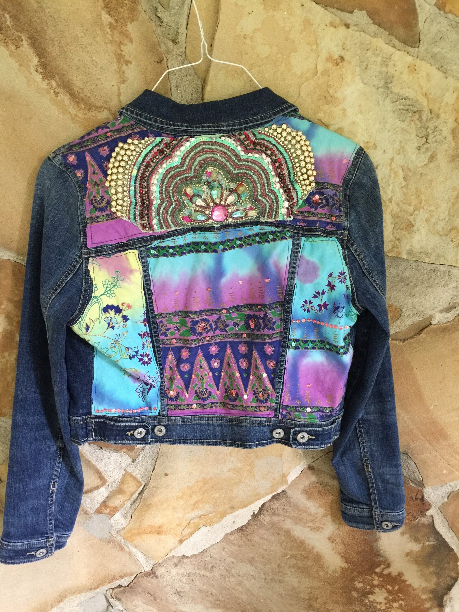 Beaded Embellished Denim Jacket Size L Sequins Boho Etsy