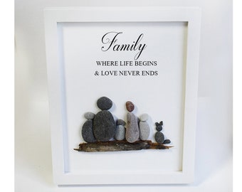Regalo de Navidad, arte de guijarros, foto familiar personalizada, familia de guijarros, arte de piedra, decoración de pared de piedra enmarcada, regalo familiar personizado