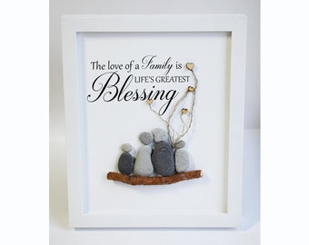 Regalo de Navidad, arte de guijarros, foto familiar personalizada, familia de guijarros, arte de piedra, decoración de pared de piedra enmarcada, regalo familiar personizado, regalo para mamá
