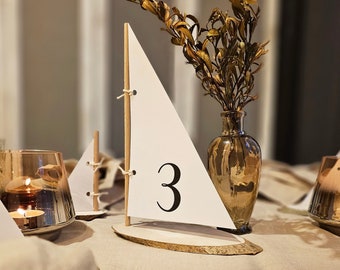 12 portanúmeros de mesa de madera con forma de velero náutico, portatarjetas de boda, portatarjetas de mesa, portatarjetas de mesa náutico de madera