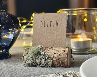 1 sample piece of rustic wooden place card holder with lichen, Wedding card holder, name card holder, card holder, wooden holder with bark