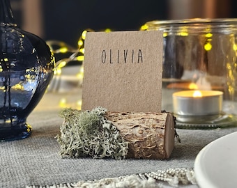 10 pieces of rustic wooden place card holders with lichen, Wedding place card holders, wooden name card holders, wooden holder with bark