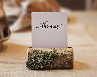 30 pieces of rustic wooden place card holders with lichen, Wedding card holders, wooden name card holders, wooden holder with bark