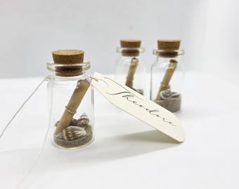 10 tarjeteros de mesa, tarjeteros de botella de vidrio, decoración para bodas en la playa, decoración para bodas en la arena, tarjetas de mesa, boda boho
