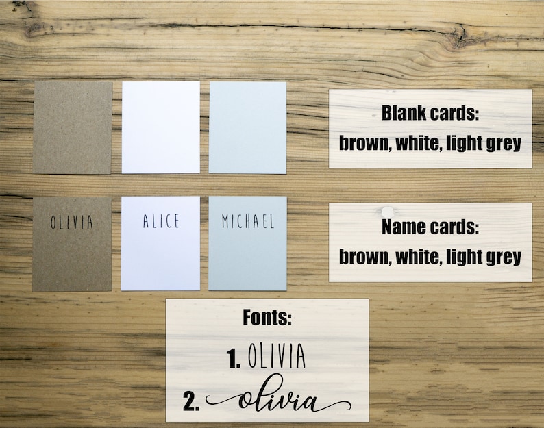 May include: A set of blank cards in brown, white, and light grey. The cards are labeled "Blank cards" and "Name cards". The image also shows two different fonts for the name "Olivia".