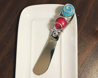 Cheese Spreader w/2 gems, Beaded Silverware, Wire Wrapped Utensil,Butter Knife, Spreader, Beaded Utensil, Butter Spreader, Cheese Spreader