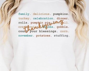 Thanksgiving Words Sweatshirt: Fall Food, Family, and Blessings