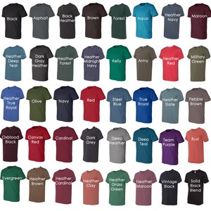 May include: A chart of 48 different t-shirt colors, including black, white, red, blue, green, and many shades of heather.