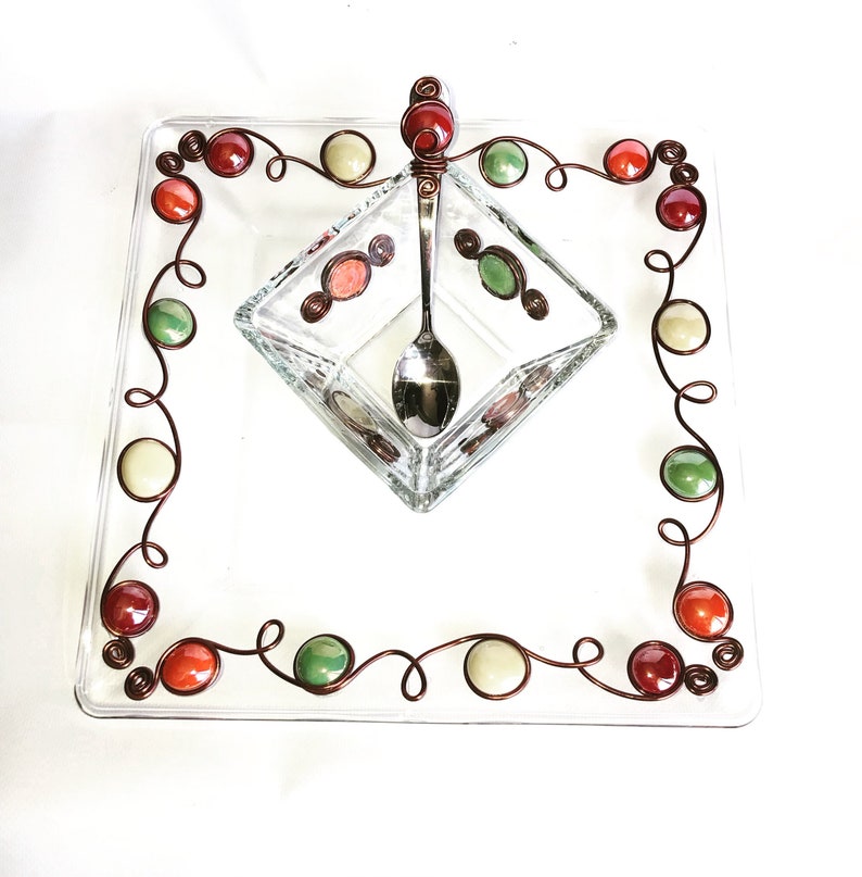 Salsa Bowl Condiment Bowl Wire Wrapped Spoon Beaded Utensil Chip /& Dip Set Dip Spoon Beaded Plate Set #3 Beaded Bowl Serving Dish