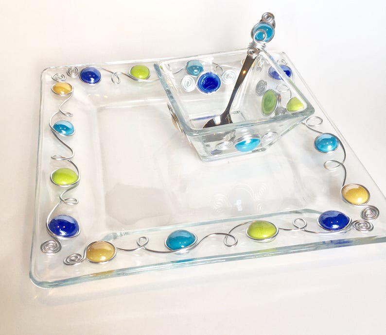 Salsa Bowl Condiment Bowl Wire Wrapped Spoon Beaded Utensil Chip /& Dip Set Dip Spoon Beaded Plate Set #3 Beaded Bowl Serving Dish