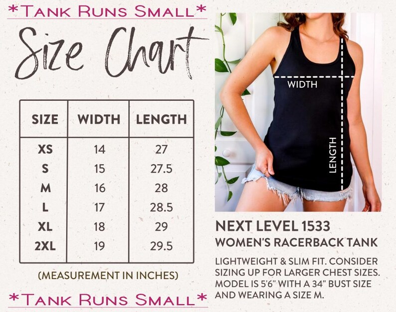 May include: Size chart for a racerback tank top. The chart shows the width and length in inches for sizes XS to 2XL. The tank top is lightweight and slim fit. The model is 5'6" with a 34" bust and is wearing a size M.