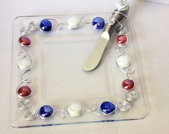 Small Plate & Spreader, Dessert Plate, Cheese Knife, Beaded Plate, Wire Wrapped Utensil, Beaded Utensil, Holiday Dish, Serving Set
