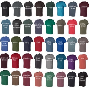 May include: A chart of 48 different t-shirt colors, including black, white, red, blue, green, and many shades of heather.