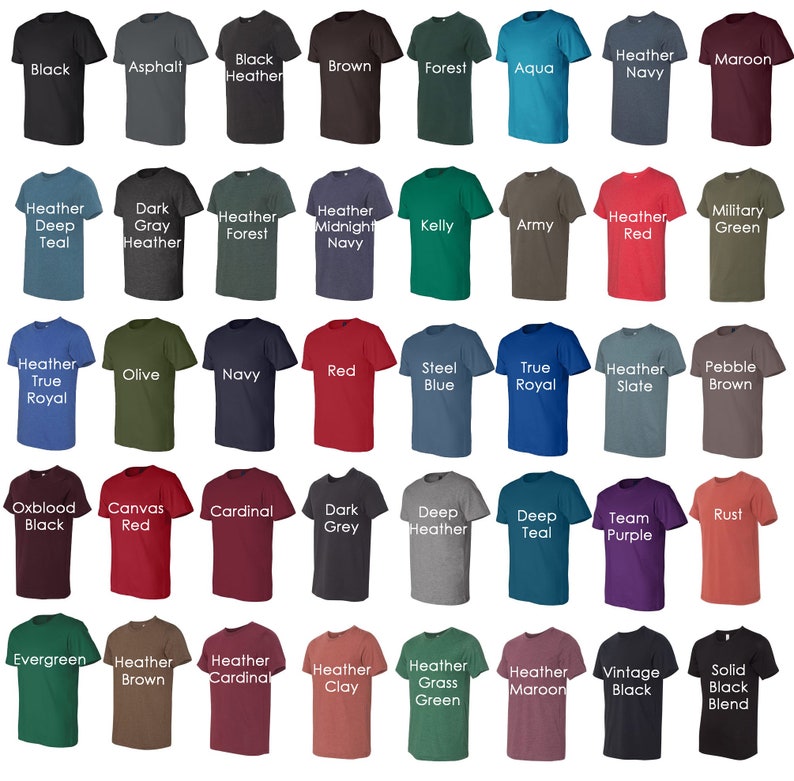 May include: A chart of 48 different t-shirt colors, including black, white, red, blue, green, and many shades of heather.