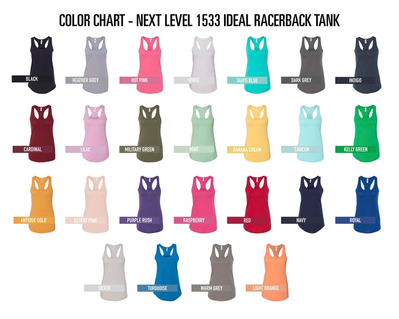 May include: Color chart showing 24 different colors of racerback tank tops. The colors include black, white, red, blue, green, yellow, pink, purple, and grey.