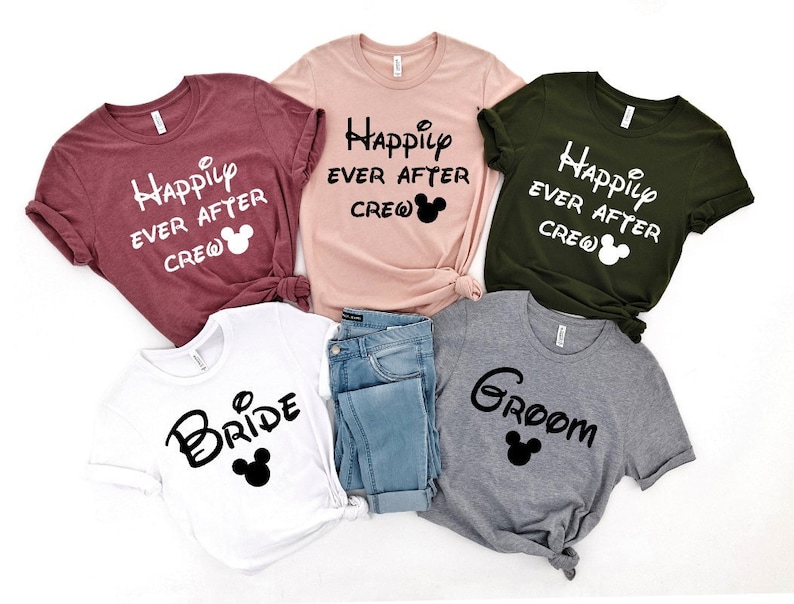 Mouse Bride, Groom and Happily Ever After Crew shirts
