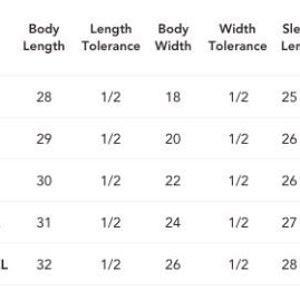 Puede incluir: Tabla de tallas para una prenda con medidas en pulgadas para la longitud del cuerpo, el ancho del cuerpo y la longitud de la manga. Las tallas incluyen S, M, L, XL y 2XL.