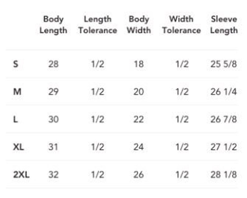 Puede incluir: Tabla de tallas para una prenda con medidas en pulgadas para la longitud del cuerpo, el ancho del cuerpo y la longitud de la manga. Las tallas incluyen S, M, L, XL y 2XL.