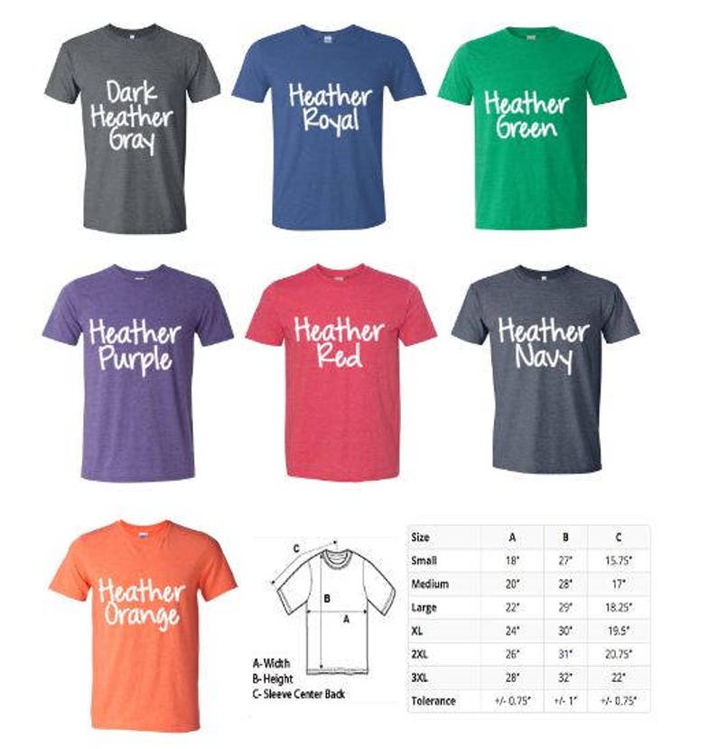 May include: A size chart for t-shirts with different color options. The colors include dark heather gray, heather royal, heather green, heather purple, heather red, and heather navy. The chart shows the measurements for each size in inches, including width, height, and sleeve center back. The tolerance for each measurement is also listed.