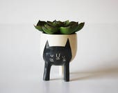Pre-order ships April 23 Small Three-legged Planter with Black Cat on White (free shipping) by Beardbangs Ceramics