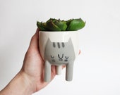 Ready to ship Small Three-legged Grey Tabby Cat Planter (free shipping) by Beardbangs Ceramics