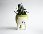 Ready to ship Small Three-legged Cat Planter in Chartreuse Green (free shipping) by Beardbangs Ceramics
