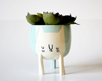 Ready to ship! Large Three-legged Cat Planter in Mist Blue (free shipping) by Beardbangs Ceramics!