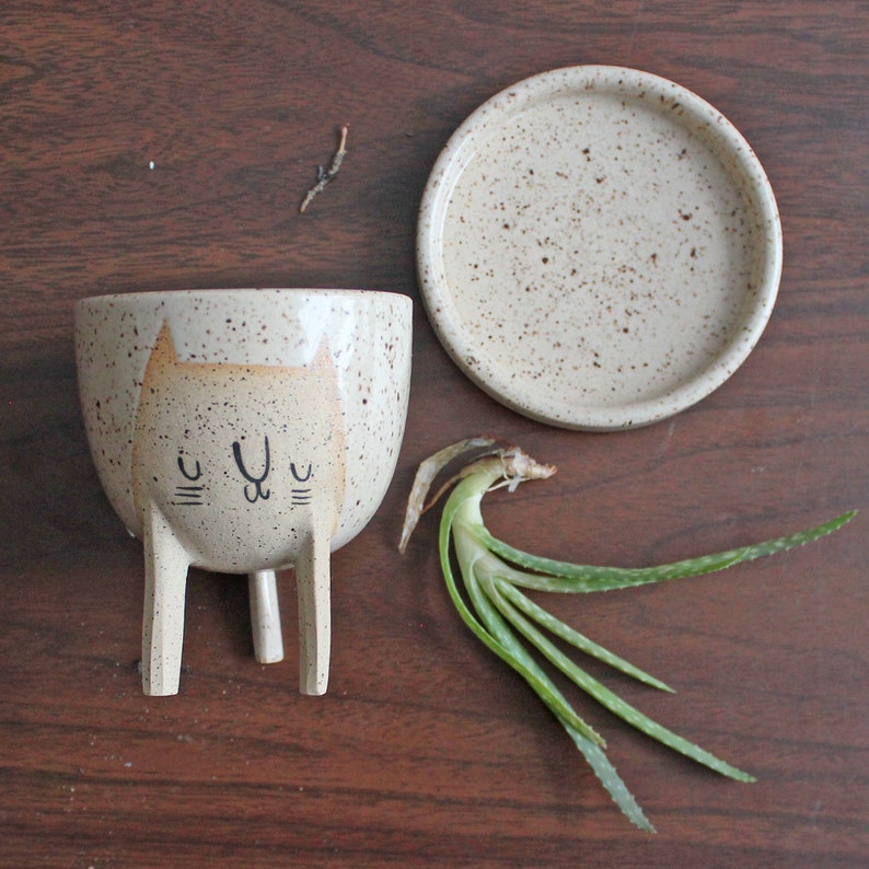 Ready to ship Small Three-legged Cat Planter in Speckled Clay, 3.75 tall by Beardbangs Rustic, handmade image 3