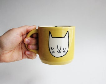 Ready to ship: Cat Face Mug with Interior Polka Dots in Mustard Yellow (free shipping) by Beardbangs Ceramics!