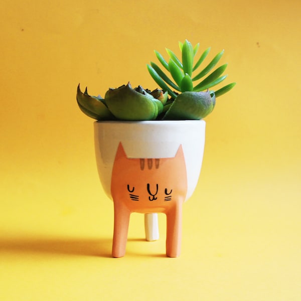 Ready to ship! Small Three-legged Cat Planter in Orange Tabby, Handmade ceramic succulent plant pot, pottery made in Canada