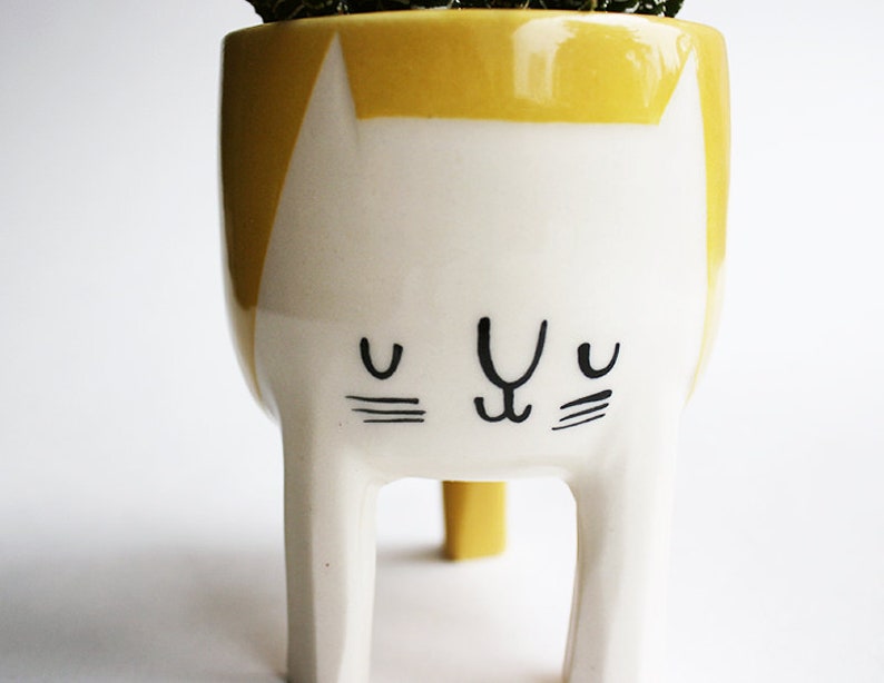 Ready to ship Small Three-legged Cat Planter in Golden Yellow by Beardbangs Ceramics Handmade pottery succulent plant pot image 5