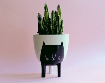 Ready to ship! Large Three-Legged Planter with Black Cat on White, 5.25" tall, Black Cat Pot for herbs succulents, free shipping, Beardbangs