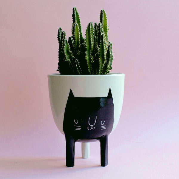 Ready to ship! Large Three-Legged Planter with Black Cat on White, 5.25" tall, Black Cat Pot for herbs succulents, free shipping, Beardbangs