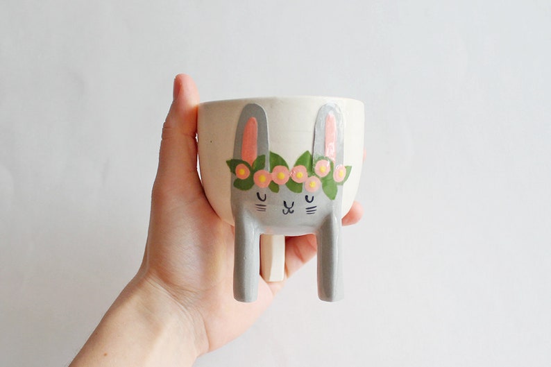 Limited Series Small Three-legged Planter with Grey Bunny image 0