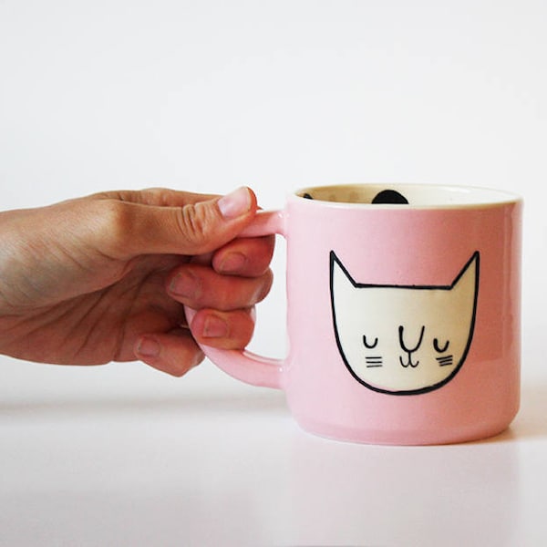 Ready to ship: Pink Cat Face Mug with Black Polka Dots on Interior (free shipping)