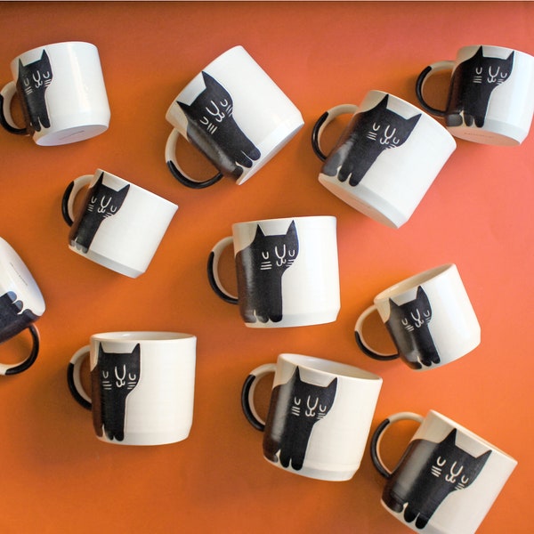 Ready to ship! 10 oz single Cat Mug, Black and White Happy Cat Pottery Cup with Tail, pottery ceramic (free shipping) Beardbangs!