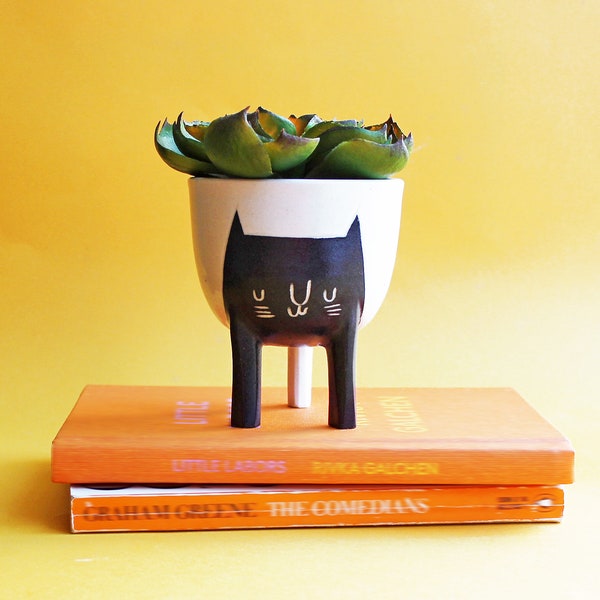 RESERVED for Taylor E:  Small Three-legged Planter with Black Cat on White by Beardbangs Ceramics!