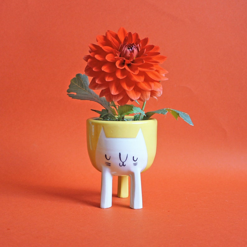 Ready to ship Small Three-legged Cat Planter in Golden Yellow by Beardbangs Ceramics Handmade pottery succulent plant pot image 3