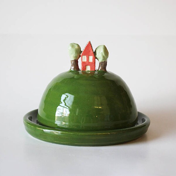 Ready to ship: Ceramic House on a Hill Butter Dish (free shipping)