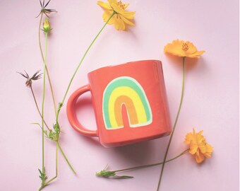 Ready to ship! Vintage Rainbow Mug in Coral Red (free shipping)