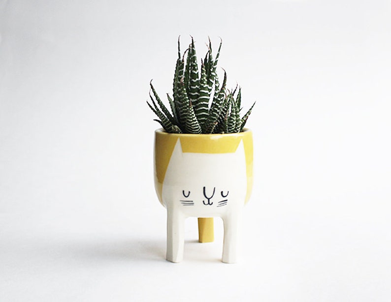 Ready to ship Small Three-legged Cat Planter in Mustard image 0