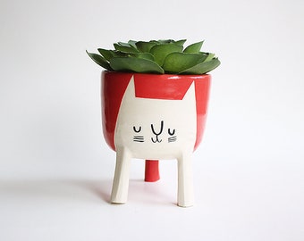 Ready to ship! Large Three-legged Cat Planter in Coral Red (free shipping) by Beardbangs Ceramics!